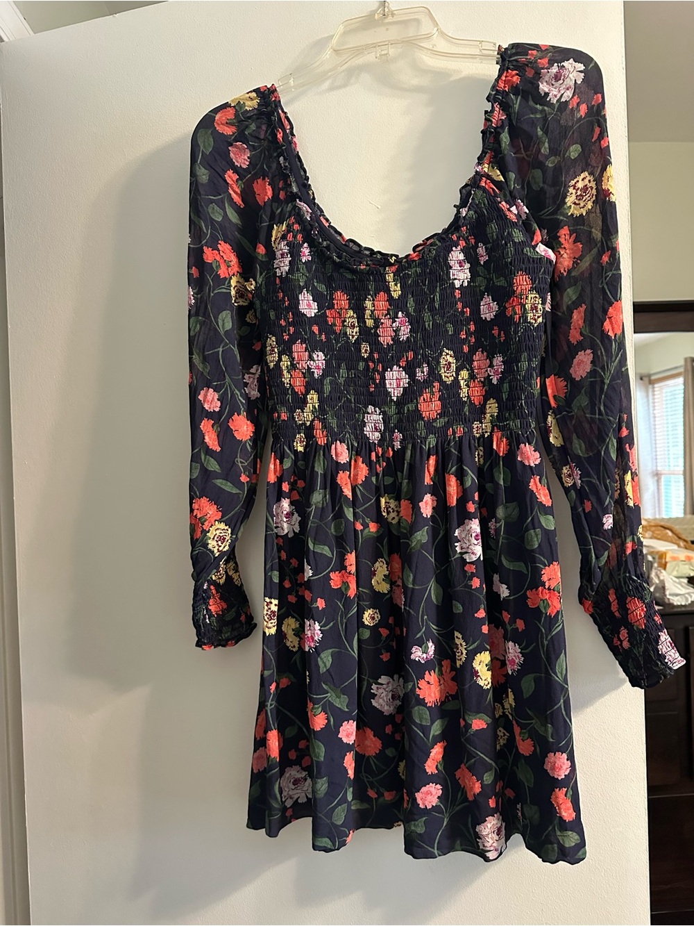Hill House Navy Floral Smocked Long-Sleeve Mini Dress